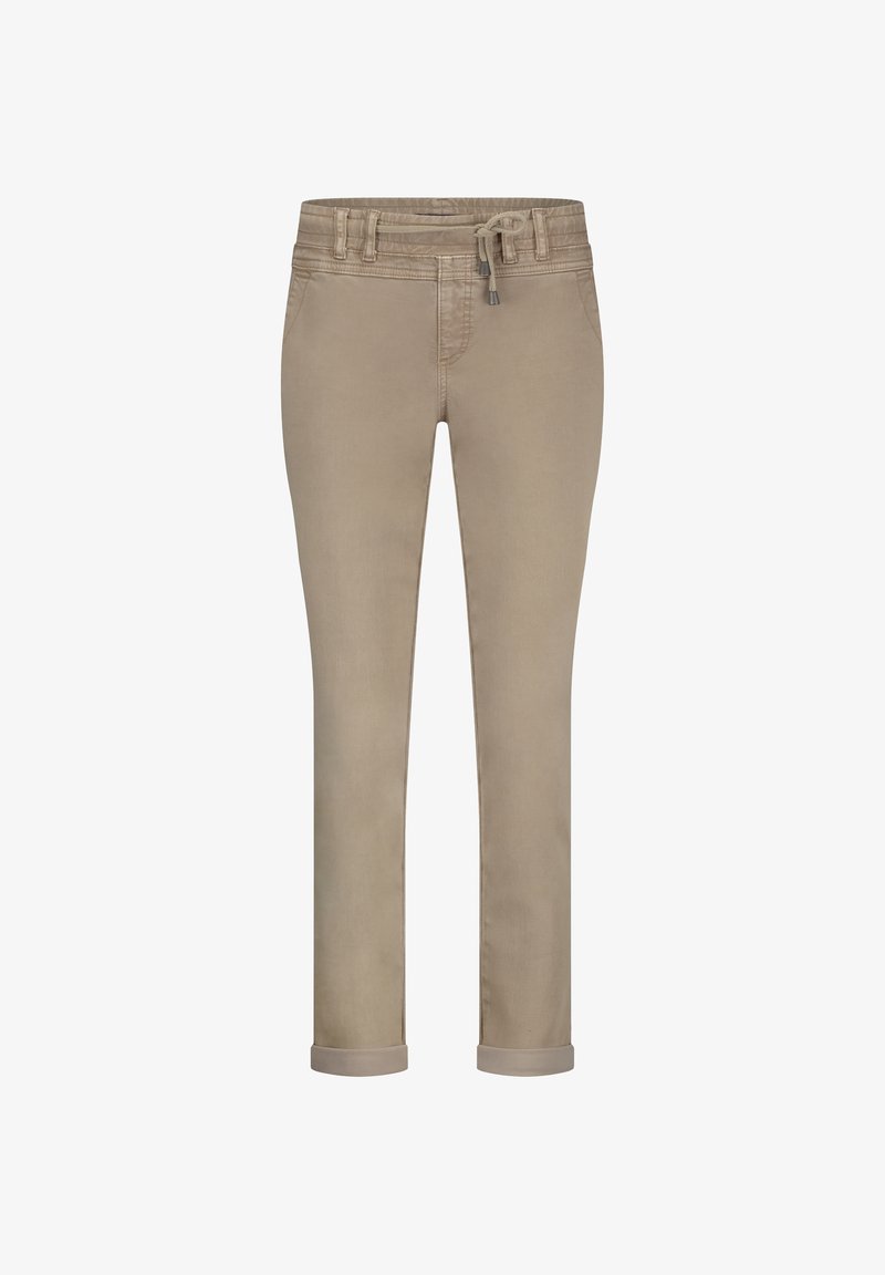 Beige slim-fit bukser med opkrøllede cuffs, bæltestropper, forlommer og snøre i taljen, vist mod en hvid baggrund.