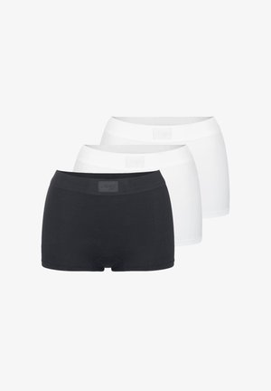 Schwarz-weiße, nahtlose Damenunterhosen im Hipster-Stil, übereinander gestapelt, mit breitem Bund und dezenter Markenkennzeichnung.