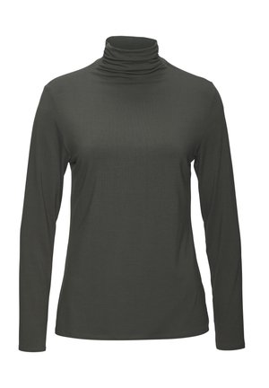 Donkergroene lange mouwen coltrui gemaakt van zacht, rekbaar materiaal. Heeft een aansluitend design en een hoge, dubbele kraag.