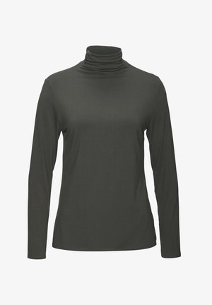 Dunkelgrünes Langarm-Turtleneck-Shirt aus weichem, dehnbarem Material. Hat ein tailliertes Design und einen hohen, gefalteten Kragen.