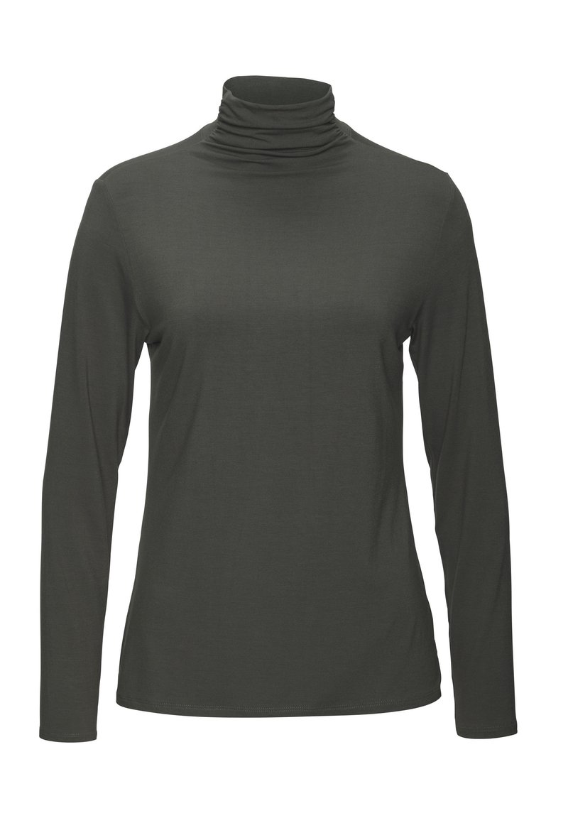 Temnozelena dolgosleeve majica s turtleneck ovratnikom, izdelana iz mehkega, raztegljivega materiala. Ima oprijet kroj in visok, prepognjen ovratnik.