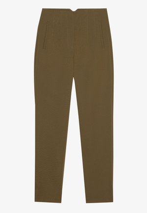 Olivenfargede skreddersydde bukser med en glatt tekstur, med to forkjellige lommer og vertikale sømdetaljer. Rett ben design.