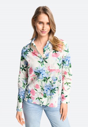 Bloemige overhemd met knopen, versierd met een mengsel van roze en blauwe bloemen op een lichte achtergrond, met lange mouwen en een borstzakje.