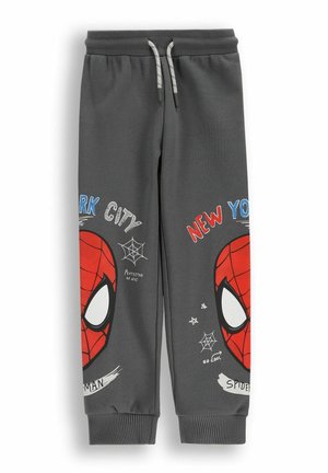 Ciemnoszare spodnie dresowe dla dzieci z twarzami Spider-Mana, czerwono-niebieskim napisem "New York City" oraz białymi pajęczynami na nogawkach.