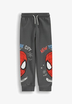 Ciemnoszare spodnie dresowe dla dzieci z twarzami Spider-Mana, czerwono-niebieskim napisem "New York City" oraz białymi pajęczynami na nogawkach.