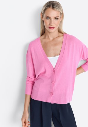Pink, lightweight cardigan featuring a deep V-neck, long sleeves, and five buttons down the front. Smooth texture with ribbed accents.
