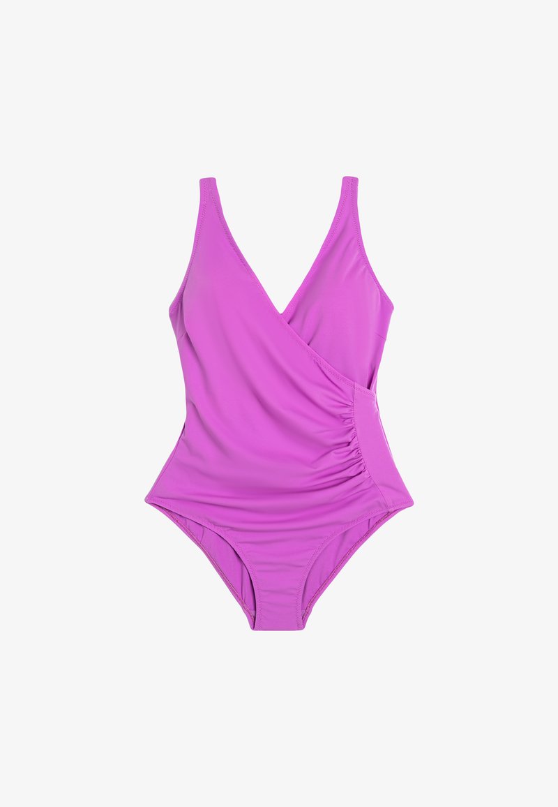 Maillot de bain une pièce violet avec un design en V, des détails froncés sur les côtés et un tissu lisse, doté de bretelles ajustables et d'une coupe ajustée.