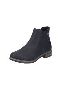 Bottine noire à la cheville en matériau synthétique texturé, dotée de panneaux latéraux élastiques, d'un petit talon empilé et de détails de marque discrets.