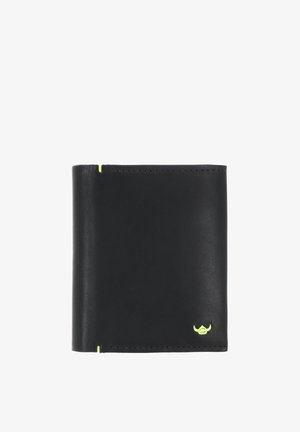Black leather bifold wallet with minimal design, featuring small neon yellow accents and a logo on the bottom right corner.