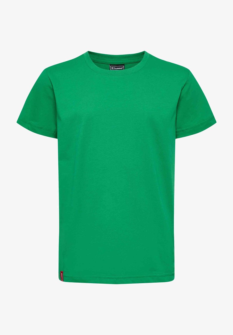 Grøn bomulds T-shirt med rund hals, korte ærmer og lige bund. Har et lille mærke på den nederste side.