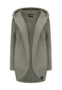 Jasnoszary kardigan z kapturem o otwartym przodzie, z długimi rękawami i gładką fakturą. Zawiera metkę z logo na dolnej stronie.