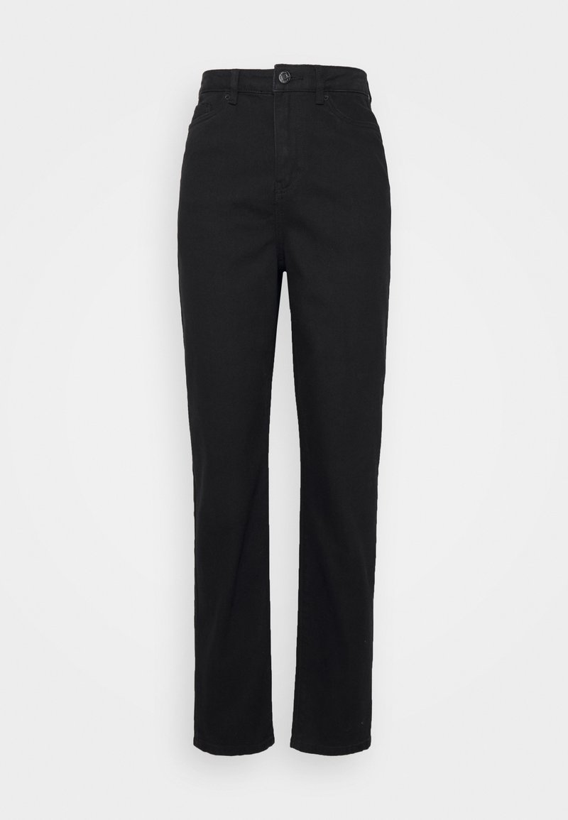 Calças de ganga pretas de cintura alta com corte reto, apresentando um fecho frontal com botão e passadeiras para cinto, textura suave sem padrões.