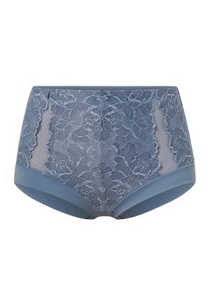 Lace high-waisted brief in dusty blue with floral pattern. Semi-sheer sides and solid bands. Soft texture with a smooth finish.