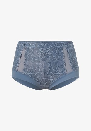 Lace high-waisted brief in dusty blue with floral pattern. Semi-sheer sides and solid bands. Soft texture with a smooth finish.