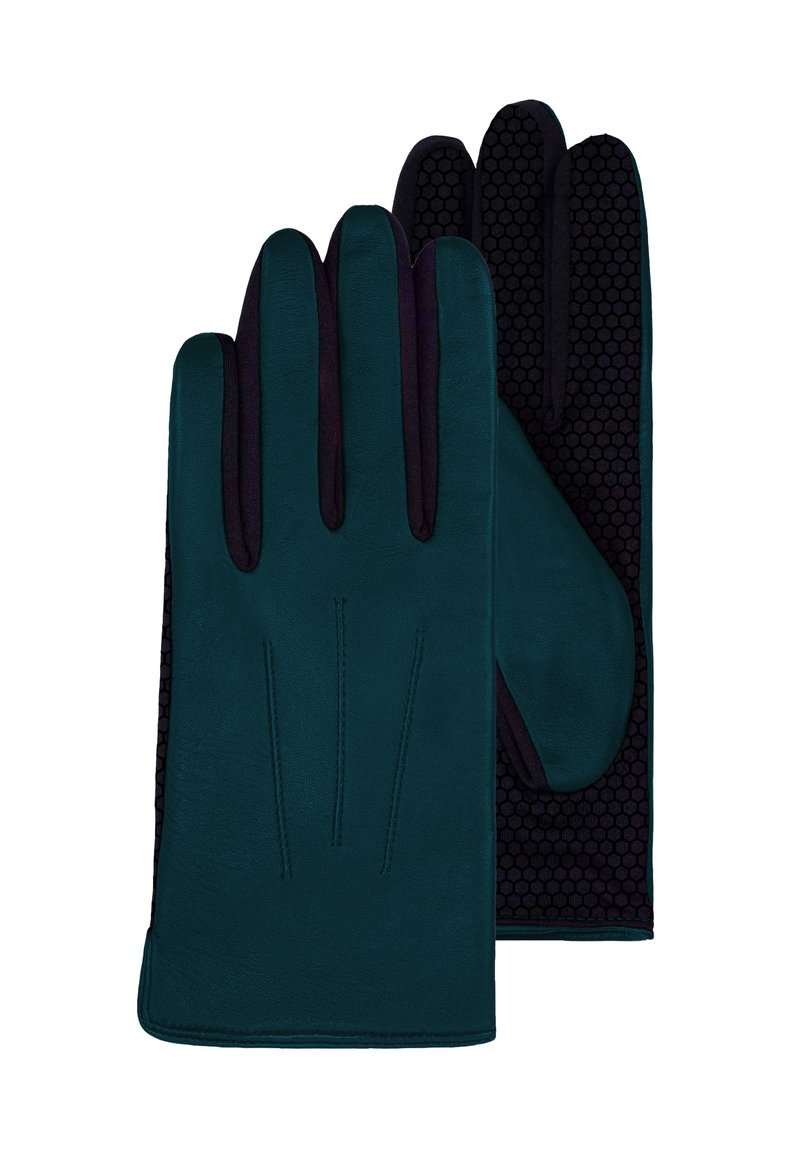 Ein Paar dunkelblauer Lederhandschuhe mit schwarzem sechseckigem Griffmuster auf der Handinnenseite und genähten Details auf der Rückseite der Hand.