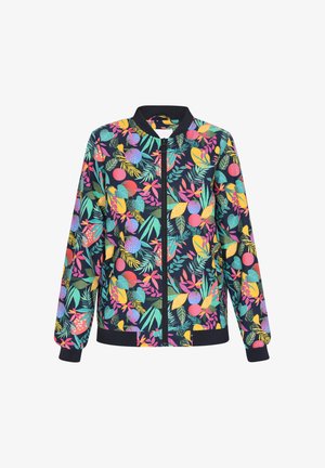 Barevná bomber bunda s živým květinovým vzorem na tmavém pozadí, s předním zipem a žebrovanými manžetami a lemem.