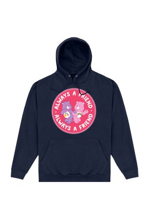 Granatowy hoodie z kieszenią z przodu, z okrągłą grafiką w różowym kolorze. Dwa kreskówkowe niedźwiedzie trzymają się za ręce, otoczone napisem "Zawsze Przyjaciel."