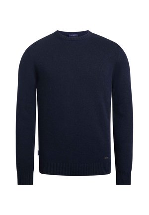Navy blue knitted sweater with a classic crew neck, ribbed hem and cuffs, made of a soft, textured material. Subtle branding on the hem.