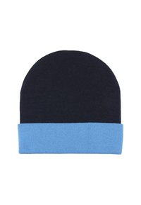 Beanie lavorato a maglia in navy scuro con un risvolto azzurro. Presenta una texture liscia e un design a cupola.