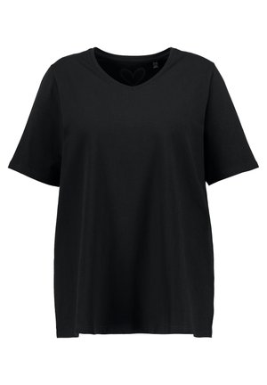 Schwarzes Baumwoll-T-Shirt mit kurzen Ärmeln und V-Ausschnitt. Es hat eine lockere Passform und eine glatte Textur ohne Muster oder Verzierungen.