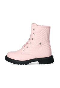 Stivaletti alla caviglia rosa con lacci, realizzati in pelle sintetica, presentano un design con motivo a stelle trapuntate, un accento a forma di stella in tono argentato e suola in gomma nera.