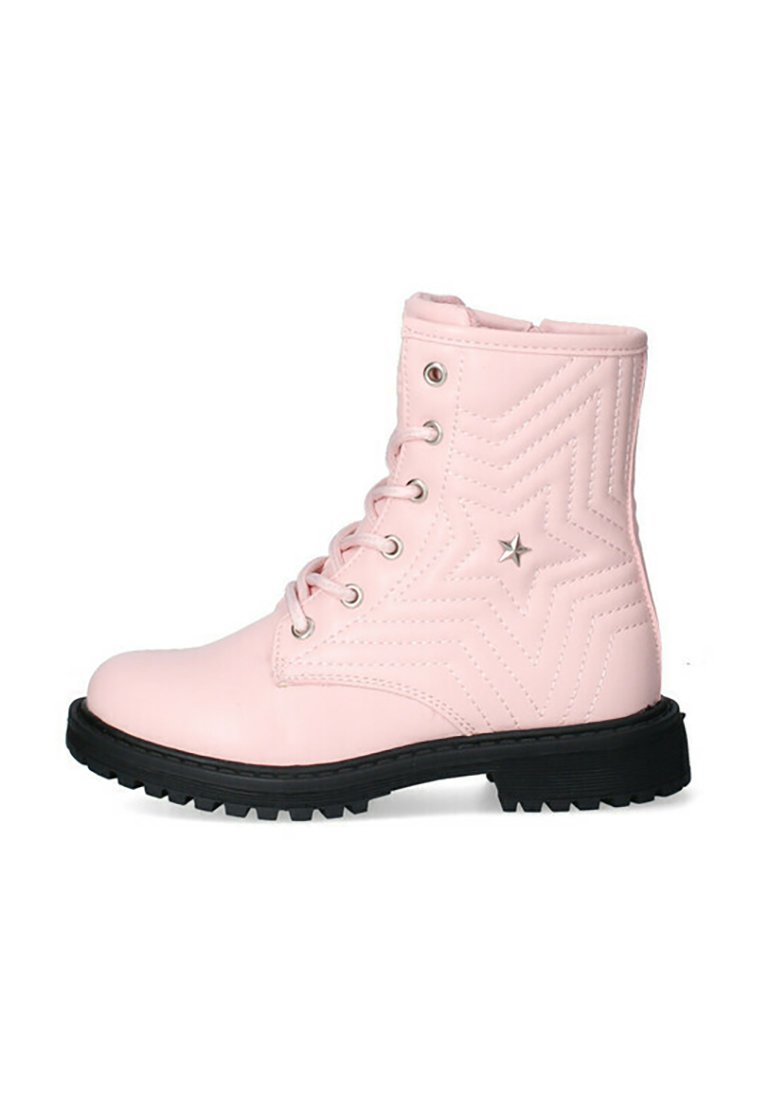 Stivaletti alla caviglia rosa con lacci, realizzati in pelle sintetica, presentano un design con motivo a stelle trapuntate, un accento a forma di stella in tono argentato e suola in gomma nera.