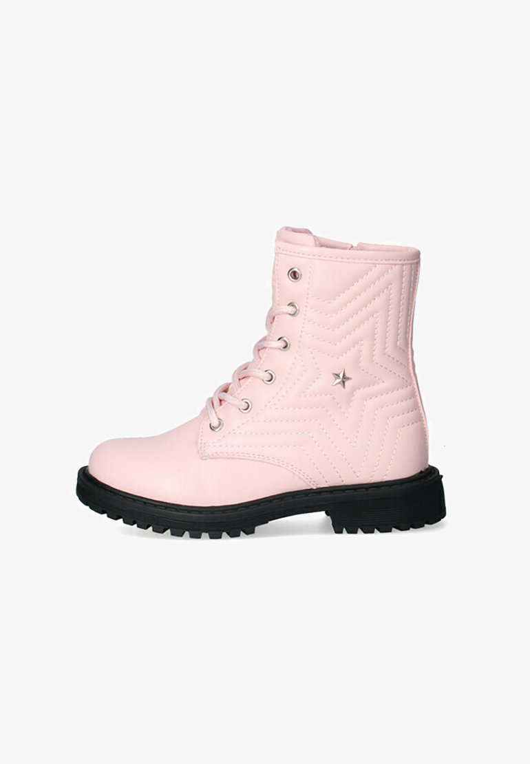 Stivaletti alla caviglia rosa con lacci, realizzati in pelle sintetica, presentano un design con motivo a stelle trapuntate, un accento a forma di stella in tono argentato e suola in gomma nera.