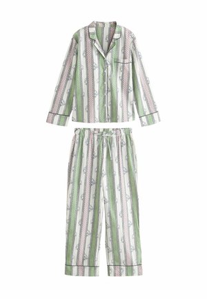 Pyjama-Set bestehend aus einem Langarmoberteil und einer Hose. Gestreiftes Design in Grün, Pink und Weiß mit wiederholt auftretendem Muster, aus weichem Stoff gefertigt.
