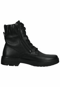 Botas de cuero negro hasta el tobillo con cierre de cremallera, diseño con cordones, parte superior texturizada y suela de goma resistente para mayor tracción.