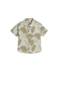 Korte mouw shirt van lichtgroene stof met een bladerenpatroon in bruin, voorzien van een knoopsluiting aan de voorkant en een klassiek kraagontwerp.