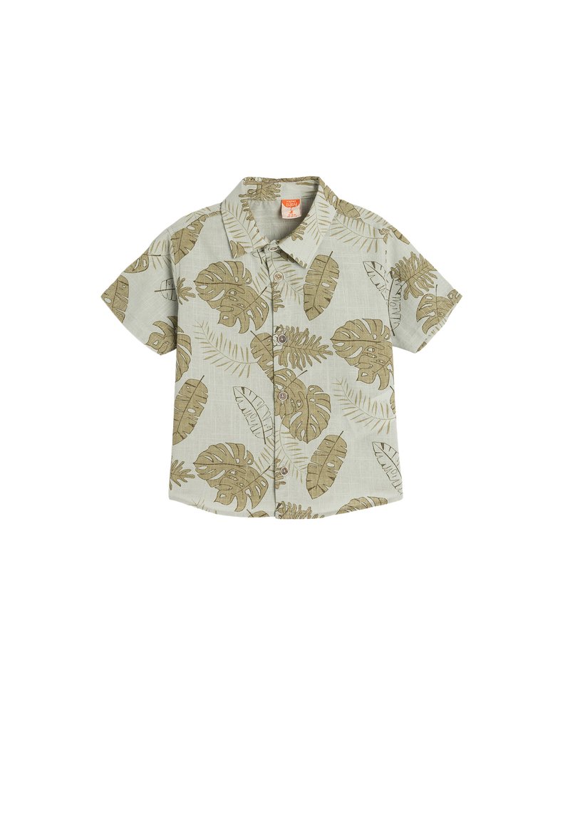 Korte mouw shirt van lichtgroene stof met een bladerenpatroon in bruin, voorzien van een knoopsluiting aan de voorkant en een klassiek kraagontwerp.