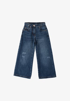 Jeans a gamba larga in denim blu medio, con toppe strappate, cinque tasche, chiusura con bottone e zip.