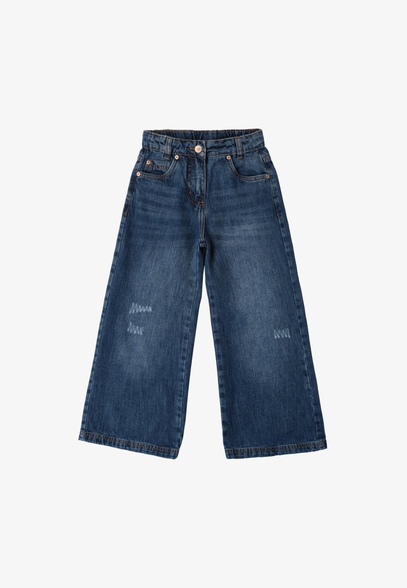 Vaqueros de pernera ancha de mezclilla en azul medio, con parches desgastados, cinco bolsillos, cierre de botón y bragueta con cremallera.