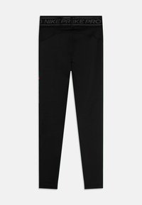 Leggings Nike Pro negros con una textura suave, que presentan una cintura elástica y acentos coloridos en los laterales. Diseño ajustado.