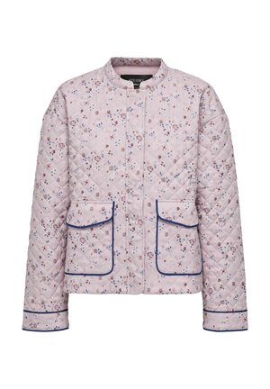 Gepatchte Jacke aus leicht pinkem Stoff mit Blumenmuster. Verfügt über marinefarbene Paspel, runden Halsausschnitt und zwei aufgesetzte Taschen vorne.