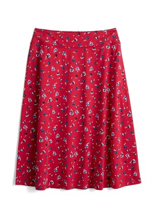 Jupe rouge trapèze avec petit motif floral bleu et blanc, dotée d'une taille ajustée et d'une texture de tissu lisse.