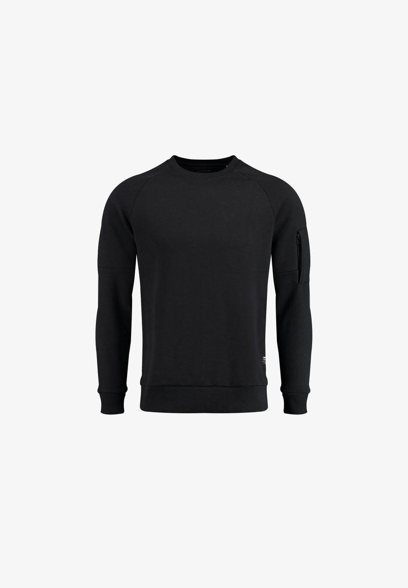 Felpa nera realizzata in tessuto morbido, con colletto rotondo, maniche lunghe e una tasca con zip sul braccio sinistro.