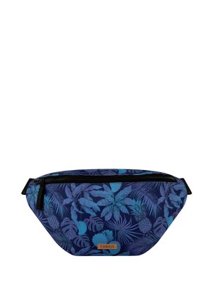 Blaue Bauchtasche mit dunklem Blumen- und Ananasmuster, schwarzem Reißverschluss und kleinem braunem rechteckigem Markenlabel vorne.
