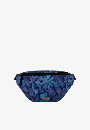 Blaue Bauchtasche mit dunklem Blumen- und Ananasmuster, schwarzem Reißverschluss und kleinem braunem rechteckigem Markenlabel vorne.