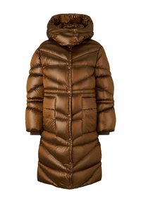 Długa brązowa pikowana zimowa kurtka z wysokim kołnierzem, zapięciem na guziki, dwoma przednimi kieszeniami i ściągaczami na rękawach.