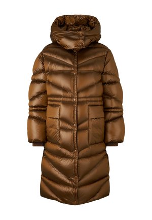 Lange bruine gewatteerde winterjas met hoge kraag, knoopsluitingen, twee voorzakken en geribbelde manchetten.