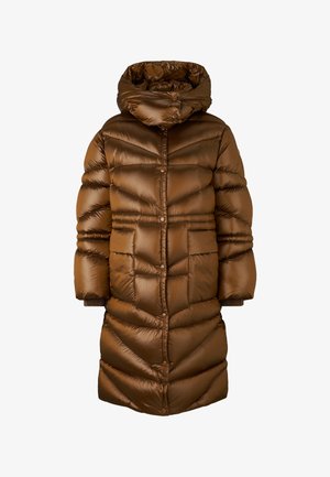 Long brown padded winter coat with high collar, button closures, two front pockets, and ribbed cuffs.