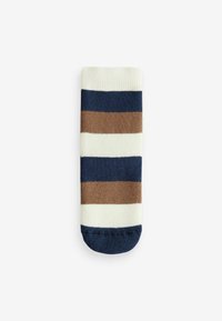 Sottili a righe con bande blu navy, crema e marrone. Realizzate in materiale morbido con una fascia lavorata a maglia e una consistenza liscia in tutto il calzino.