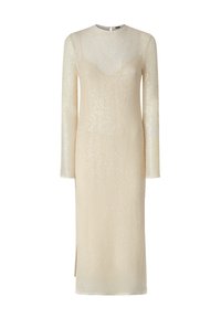 Duga bež haljina s dugim rukavima od teksturirane, polu-prozirne tkanine koja ima suptilan sjaj. Bočni prorez i zaobljeni izrez.