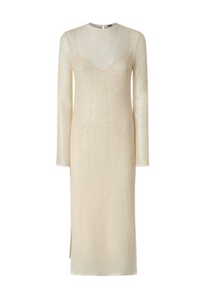 Abito beige a maniche lunghe realizzato in un tessuto testurizzato e semi-trasparente con una leggera lucentezza. Spacco laterale e scollatura rotonda.