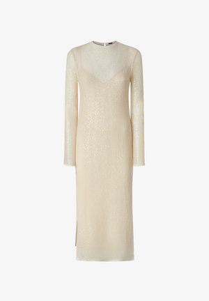 Abito beige a maniche lunghe realizzato in un tessuto testurizzato e semi-trasparente con una leggera lucentezza. Spacco laterale e scollatura rotonda.