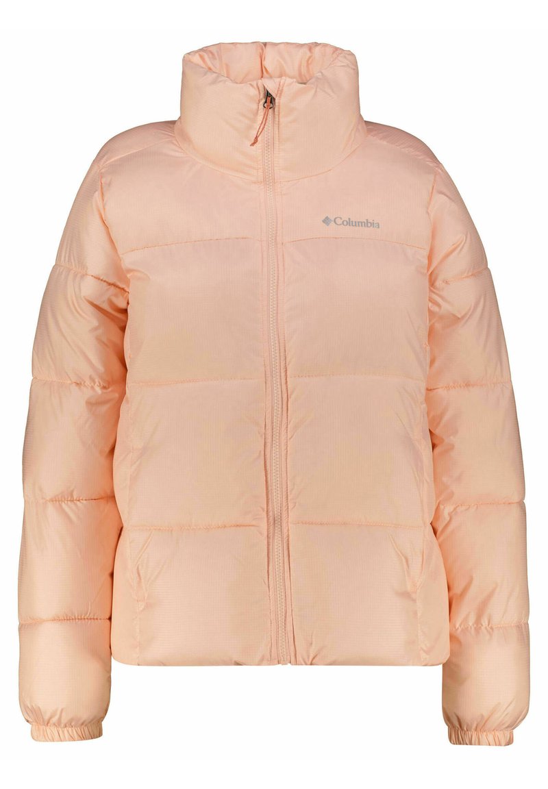 Ljusrosa puffjacka med hög krage, hel dragkedja och elastiska ärmslut. Har sydda paneler och en liten logotyp på bröstet.