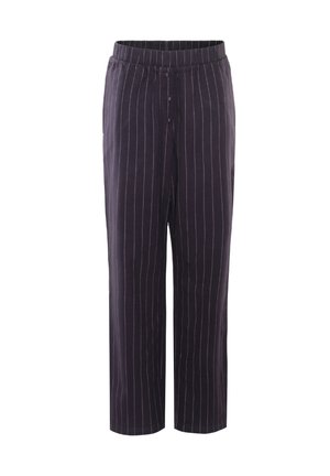 Dark purple, striped trousers with a relaxed fit, featuring an elastic waistband and button accents down the front.