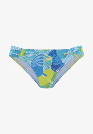 Bas de maillot de bain bleu clair avec des motifs de papillons et de feuilles vibrants en vert, bleu et jaune. Présente des côtés froncés et une finition sans couture.
