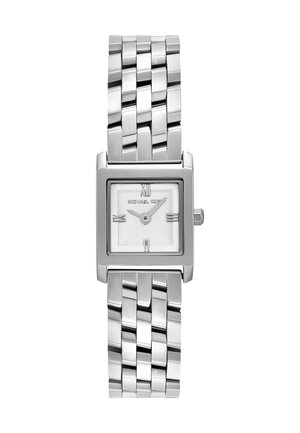 Montre carrée en acier inoxydable avec un cadran blanc texturé, des index d'heure élégants et un bracelet en maillons en acier inoxydable. Design minimaliste.
